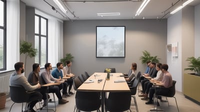 A group of people is engaged in a training session in a conference room setting. A presenter is standing and holding a sheet of paper, addressing the group seated at a round table. The attendees are actively listening, and there's a banner in the background advertising UX training. The room is well-lit, with a flipchart visible at one side.