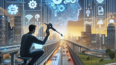 a man sitting on a bench with a laptop and a laptop working on AI implementation