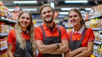 trys parduotuves darbuotojai su polo marškinėliais