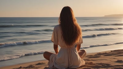 A woman seated on the beach looking ate the sea. long hair on her back, meditating