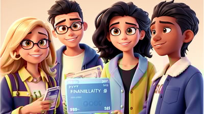 group of young people around credit cards