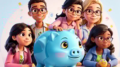 group of young people around a piggy bank