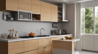 A tablet displaying a collection of interior design photos, showcasing rooms bathed in warm sunlight. The images feature modern, stylish living spaces with large windows, cozy seating, and decorative elements.