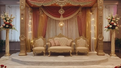 A large indoor event with a stage featuring bright screens and spotlights, attended by a substantial crowd. The venue has a high ceiling with industrial beams and red lighting accents. The atmosphere resembles a concert or a conference with a focus on visual effects.