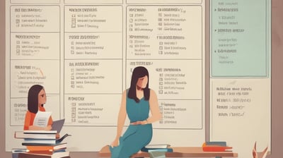 A blue sign with gold letters in both a local language and English, advertising a foreign language specialized school. The sign is situated outside a building surrounded by trees and lit by natural sunlight.