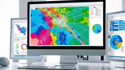 A map on a center monitor with two panels beside it, showing data.