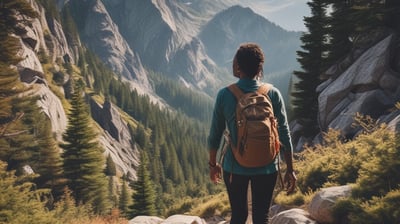 A person with a backpack is walking through a dense forest featuring tall, straight trees. The forest floor is covered with leaves, twigs, and rocks. Sunlight filters through the canopy, creating a serene atmosphere. A motivational quote, 'You can be still and grow at the same time,' is visible in scripted text at the bottom left.