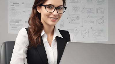 A person is working on a laptop at a table, focusing on a software interface displayed on the screen. The interface appears technical or related to programming and data flow. The setting seems to be a modern indoor office or study area with a window in the background.