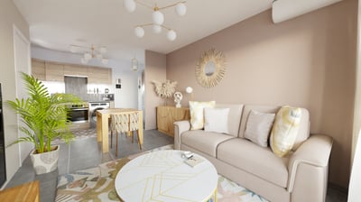 a living room with a couch and a table