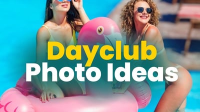 Dayclub photo ideas with women posing at a pool with a pink flamingo float, styled for Instagram content