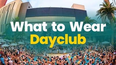 Crowded Vegas dayclub with pool party crowd and text overlay reading What to Wear Dayclub