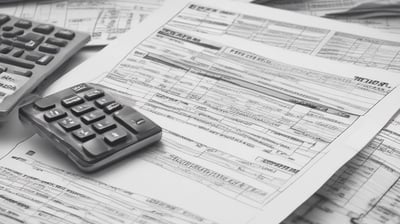 A tax form labeled Form 1120 sits on a wooden table. A black pen rests on the form, and a gray zippered pouch is partially visible beside it.