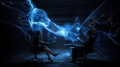 a man and woman sitting at a desk with a laptop consulting on AI
