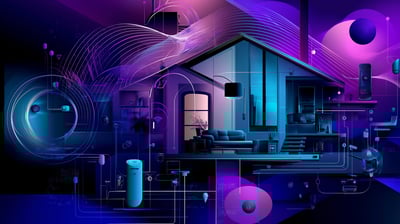 a house with a purple and blue background to depict a smart home in an abstract way