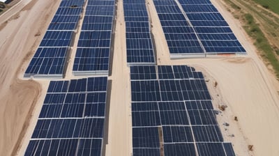 An aerial view of a building with a large array of solar panels on its roof. The structure is surrounded by greenery, pathways, and some smaller structures or landscaped areas. The environment appears to be a mix of natural and man-made elements, suggesting a focus on sustainability.