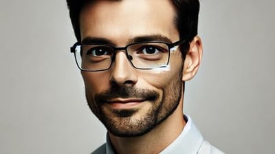 A photo of a male bookkeeper, about 38 years old, close-cropped beard, with eyeglasses and a tie.