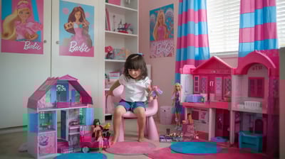 petite fille qui joue avec des poupée barbie