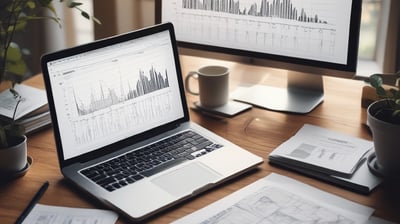 A person is typing on a MacBook Pro, viewing a website titled 'Personalize your portfolio.' The webpage displays three sections related to investing, each with different images and text. The laptop is on a grey table with a dark sofa and indoor plants in the background.