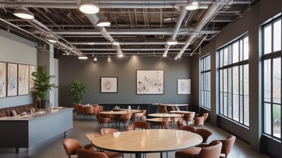 A modern co-working space with industrial design elements, featuring a cylindrical meeting room surrounded by frosted glass walls. The area is lit by soft overhead lights and has exposed ducts and beams on the ceiling. A hallway extends from the central space, showing a buzz of activity with blurred figures indicating movement.