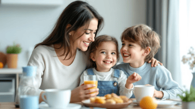 a woman and two children sitting at a table