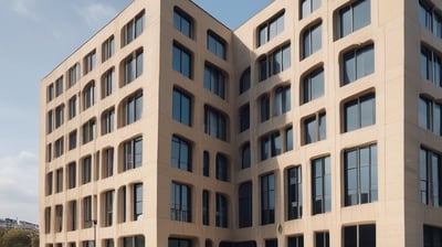 a building with a lot of windows and a street light in Caen