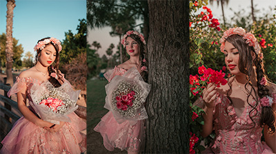 a woman in a pink dress and a flower crown princess