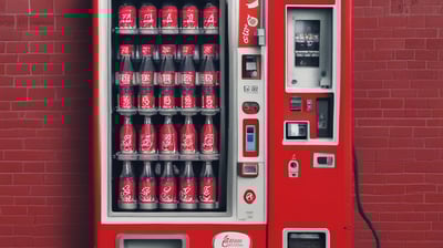 A vending machine is situated outdoors in a park-like setting, surrounded by grass, trees, and a metal trash can. Stacks of colorful drink cans and bottles are visible through the vending machine's glass front.