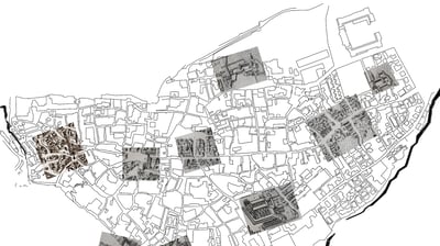 Cut outs from old maps over today's layout