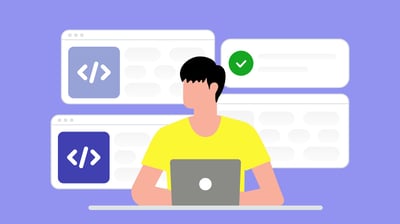 Junger Entwickler arbeitet konzentriert an einem Projekt. Er ist von mehreren Browserfenstern mit Code umgeben, eines davon z