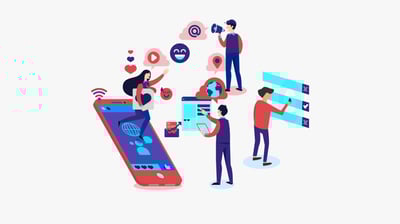 Illustration von vier Personen, die soziale Medien und digitale Inhalte nutzen. 