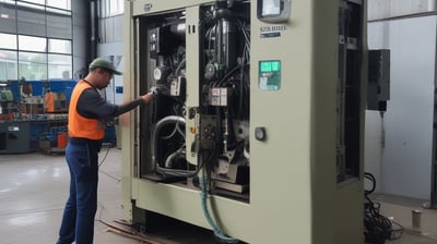 Complex industrial machinery with multiple interconnected hoses and pipes, featuring control panels and metallic cylinders. The setup includes blue and yellow hoses, with metallic fastenings and electrical components.