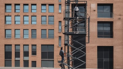 a man standing on a lift lifter in front of a building