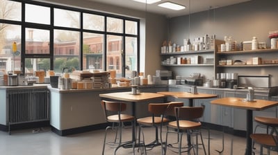 An assortment of breakfast foods displayed under polished silver heat lamps. The foods include stacks of cooked sausages, strips of bacon, and golden-brown potato wedges in a white tray. There are small name tags in front of each type of food. In the foreground, three white plates are set with small spoons and forks on a dark marble counter.