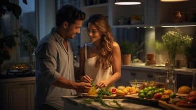 a couple preparing dinner in a rental home's kitchen.