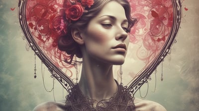 a woman with a heart shaped headpiece