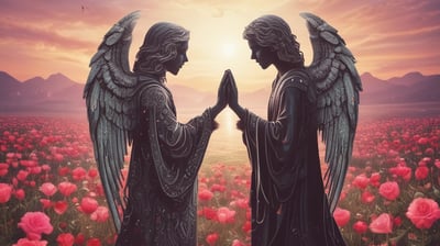 two angels in a field of flowers