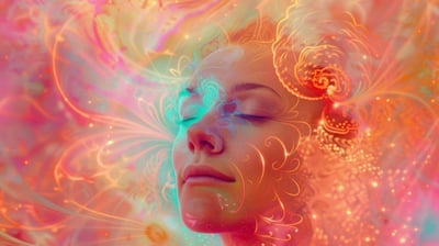a woman with her eyes closed and her eyes closed