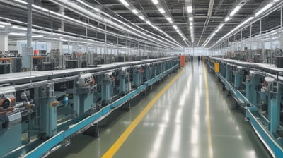 A spacious warehouse filled with large piles of various colored fabric scattered across the floor. There are stacks of filled bags in the background, with some metal shelving units. Two people are walking near the piles, suggesting activity related to sorting or organizing the textiles. The lighting in the space is dim, with some natural light filtering in through the large windows.