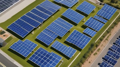 Two workers in bright yellow shirts are installing solar panels on a residential rooftop. They are using safety ropes and wearing protective gear. The scene is sunny with a clear blue sky, and a tree is visible in the background.