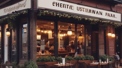 A street-side restaurant with several people seated at dark outdoor tables. The building has a sign written in both English and Chinese characters, with a prominent logo. Customers are casually dining and chatting, creating a lively atmosphere. The restaurant suggests an Asian culinary theme.