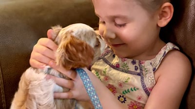 a young girl is holding a dog nose to nose