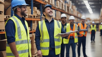 Two individuals wearing work attire are walking through a warehouse aisle, engaged in conversation. The shelves are lined with various products and items, and both people hold clipboards. The setting is well-lit, highlighting the organized shelves.