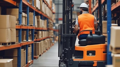 A spacious warehouse with tall shelves filled with various boxes and pallets. A yellow forklift is parked in the aisle, surrounded by organized inventory. The environment appears clean and well-lit, with items neatly stacked on metal racks.