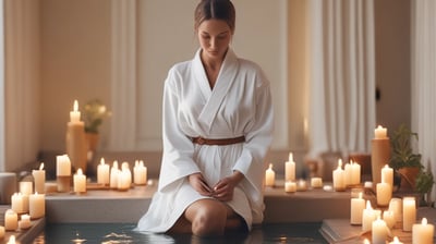 A collection of beauty and skincare products is arranged on a surface, including bottles of oils and serums, cosmetics like lipstick and blush, makeup brushes in a holder, and a lit black candle adding ambiance. The setup is accompanied by cotton swabs, emphasizing a self-care or beauty routine theme.