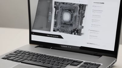 A laptop computer with a website displayed on the screen featuring the text 'Exceptional Web Application design & development'. The laptop is on a dark surface, and the website has a clean and modern design with a light background and colorful text elements.