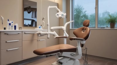 A clean and modern dental office with a dental chair, stools, and various dental equipment in shades of white and teal. The room features a framed artwork, some potted plants, and a bench along one wall. The environment is well-lit with overhead lighting, and there are multiple cabinets and drawers for storage.