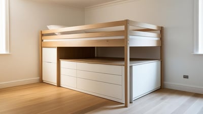 a bunk bed with a desk and storage