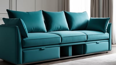 a couch with a blue couch and pillows with in built storage
