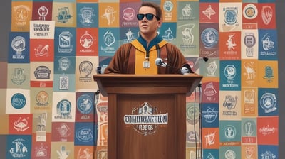 A person dressed in an academic gown and sunglasses is standing behind a podium covered with numerous microphones featuring various logos and labels. The background displays the word 'COMMUNICATION' in colorful letters.