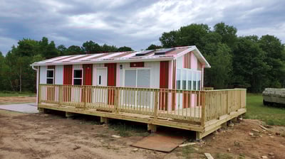 Red & white building w/ new deck